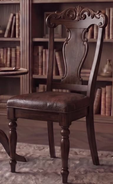 A traditional dining chair constructed from dark wood, featuring an intricately carved backrest and a dark brown upholstered seat. The backrest has a distinct crest rail with scrollwork and foliate motifs, and the front legs are decoratively turned. — 3D model