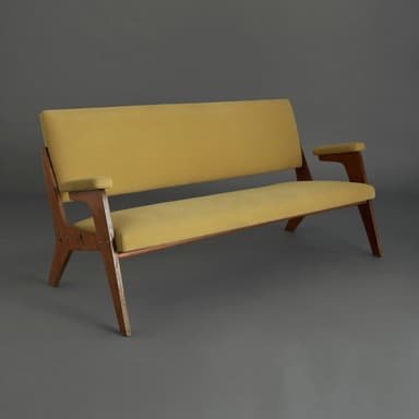 A two-seater sofa with a wooden frame and upholstered cushions. The sofa features a rectangular backrest and seat, with slightly angled arms. The wooden legs are slender and tapered. — 3D model