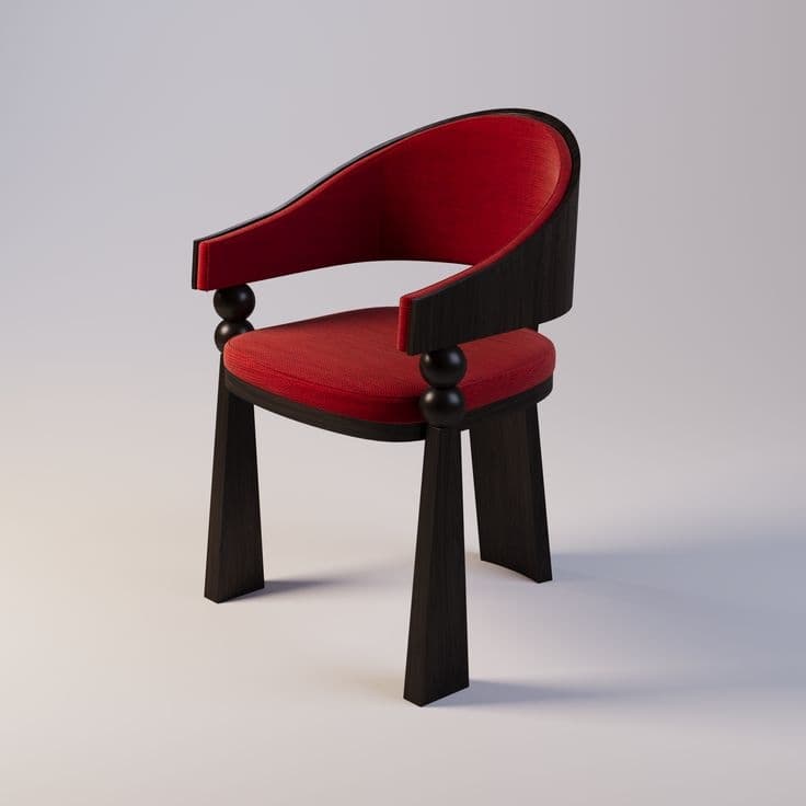 An armchair with a distinctive Art Deco or Postmodern aesthetic, featuring a dark stained wooden frame and vibrant red fabric upholstery. The chair's back and arms form a continuous, curved barrel-like shape. Spherical wooden elements adorn the front of the armrests, where they meet the seat. The four legs are broad, tapered blocks, contributing to a substantial and sculptural appearance. — 3D model