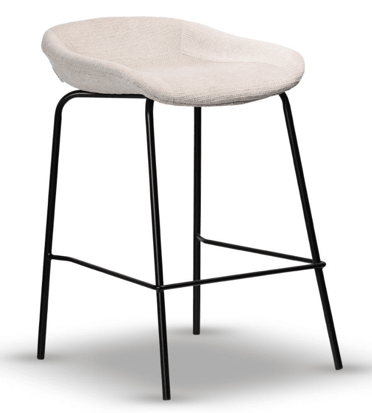 A modern bar stool featuring a sculpted, upholstered seat in a light, textured fabric atop a minimalist black metal frame with integrated footrests. — 3D model
