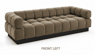 A modern, low-profile sofa featuring distinct channel tufting in a soft, plush velvet fabric. The entire seating area, including the backrest and arms, is composed of rounded, plush, individual-looking segments, creating a cloud-like appearance. It rests on a dark, recessed plinth base, giving it a floating effect. — 3D model