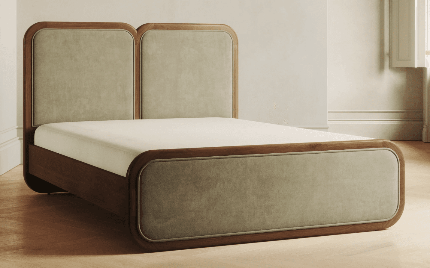 A modern platform bed featuring a dark wood frame with rounded edges on the headboard and footboard. The headboard consists of two distinct, vertically oriented upholstered panels in a light beige fabric. The footboard also incorporates a single upholstered panel. The bed includes a mattress in a light color, consistent with a contemporary design aesthetic. — 3D model