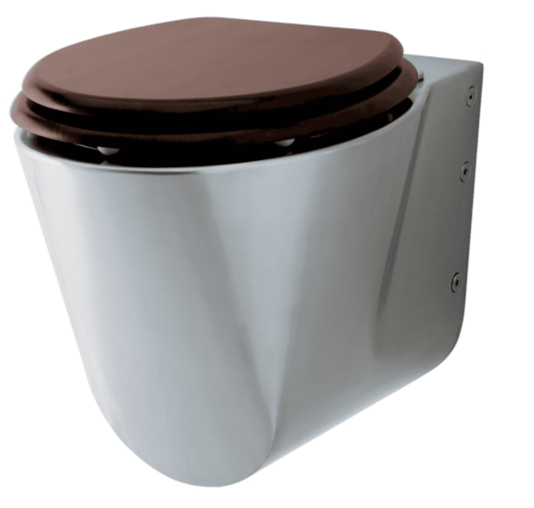 A modern wall-mounted toilet featuring a sleek, glossy ceramic bowl with a reflective, silver-like finish. It is topped with a contrasting dark brown wooden seat and lid, secured by visible hinges. The wall-mounted design conceals the cistern, presenting a minimalist aesthetic with visible mounting screws on the side. — 3D model