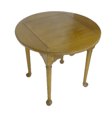 A round-topped side table with a decorative scalloped apron and four turned legs that end in bulbous feet. The tabletop has a square inlay or decorative border. — 3D model