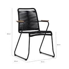 A modern armchair featuring a black powder-coated tubular metal frame. The seat and backrest are constructed from tightly woven black cord or rope, providing a flexible and supportive surface. The armrests are topped with small, smooth wooden caps, adding a touch of natural material. The chair rests on a sled-style base, creating a sleek and contemporary profile. — 3D model