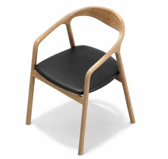 A modern dining armchair featuring a light-toned wooden frame and a black upholstered seat. The backrest and armrests are continuously curved, forming a single elegant bentwood element. The chair has four slender, splayed legs and a minimalist aesthetic. — 3D model