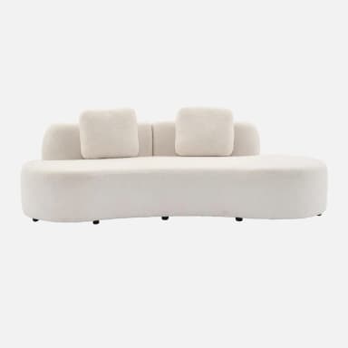 A cream-colored, curved sofa with a textured fabric upholstery, possibly bouclé or sherpa. It features a rounded silhouette and appears to have separate seating sections. The backrest is segmented and slightly curved, with two distinct upright back cushions visible. The sofa sits on low, dark-colored legs. — 3D model