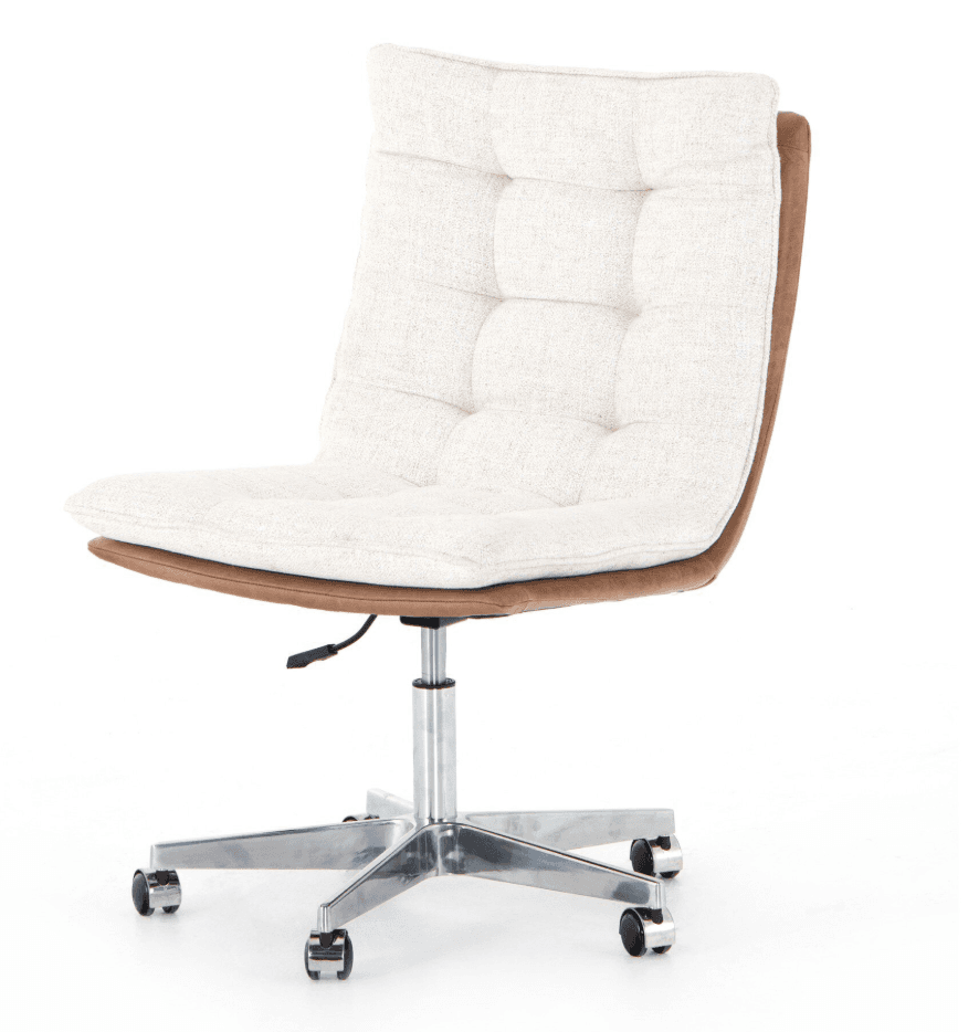 An armless swivel desk chair featuring a tufted upholstered seat and backrest. The upholstery is a light, textured fabric in cream or off-white, with decorative tufting creating a grid pattern. The underside of the seat and the back of the backrest are covered in a contrasting brown material, likely faux leather. The chair sits on a polished metal five-star base equipped with casters for mobility and a gas lift mechanism for height adjustment. — 3D model