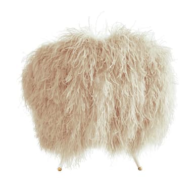 A plush armchair upholstered in a cream-colored velvet fabric. The chair features a rounded, open back and is heavily embellished with fluffy, light brown feathers along the entire outer edge of the back and armrests. It has a single, thick seat cushion and tapers to four slender, angled legs, each tipped with a small gold accent. — 3D model