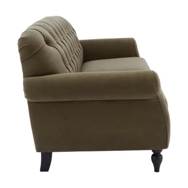 A classic tufted sofa with rolled arms and a supportive backrest. The upholstery features a diamond tufting pattern, with buttons strategically placed to create indentations in the fabric. It has a two-cushion seat and a slightly curved back. The sofa rests on four short, dark, turned legs. — 3D model