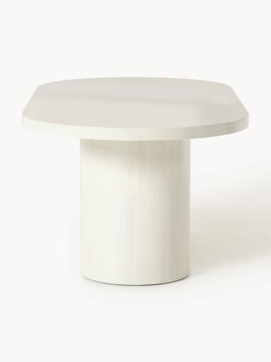 A modern coffee table with a cylindrical pedestal base and a broad, slightly bevelled, flat tabletop. The base appears to be constructed from a series of vertical rectangular tiles or segments, creating a fluted effect. The tabletop has rounded corners and a soft, matte finish. The overall design is minimalist and contemporary. — 3D model
