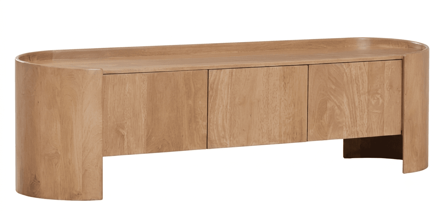 An elongated, light-colored wooden cabinet featuring a rounded, pill-shaped top surface with a raised edge. It has three flush-fitting doors across the front and curved, solid wooden end panels that serve as support legs, creating a continuous, sculptural form. — 3D model