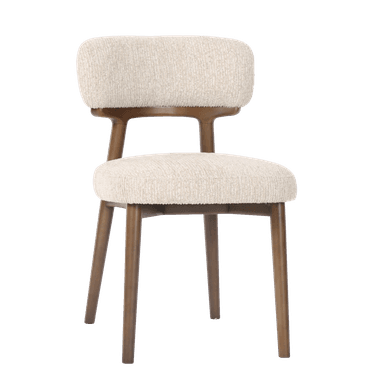 A back view of a chair with a curved backrest and a cushioned seat. The chair features a wooden frame with tapered legs and a distinctive cutout detail on the backrest where it meets the frame. — 3D model