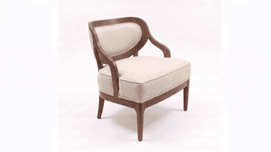 A single upholstered lounge chair featuring a prominent, curved wooden frame and light-colored fabric cushions. The dark, warm-toned wood forms a continuous backrest and armrests, embracing the padded seat and back. The chair stands on tapered wooden legs. — 3D model