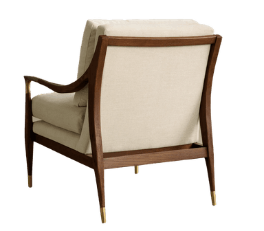 A sophisticated armchair with a wooden frame and upholstered cushions. The frame features gracefully curved armrests and legs, with brass accents on the armrests and leg tips. The upholstery is a light-colored fabric. — 3D model