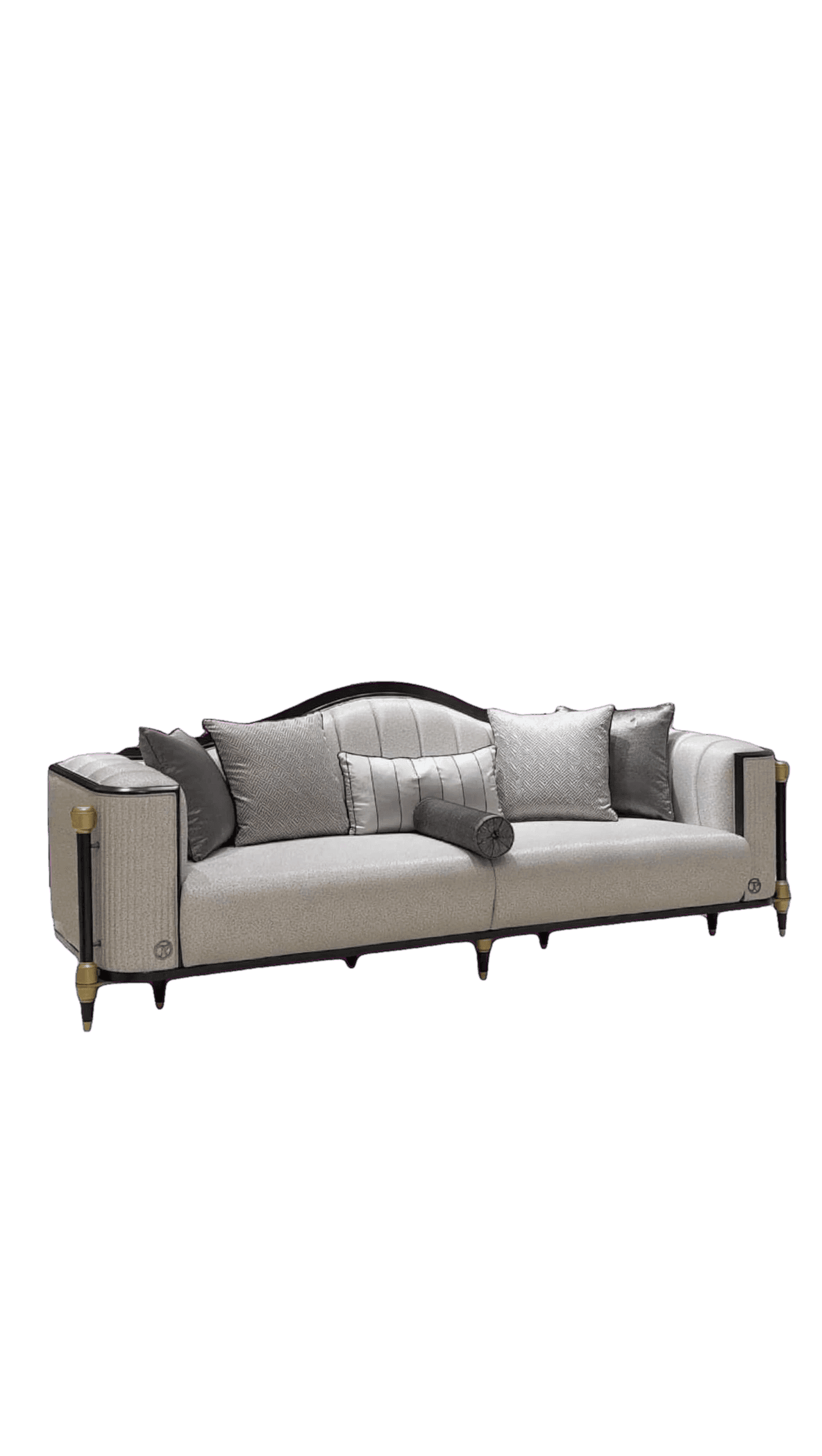 A sophisticated three-seater sofa featuring a light, textured upholstery on the main body and channel-tufted armrests. The sofa is characterized by its curved top backrest and exposed black wooden trim that outlines the frame, back, and armrests. Decorative gold-toned metal accents are integrated into the front of the armrests and as caps on the tapered black wooden legs. The sofa includes multiple throw pillows in varying shades and textures of grey, complementing the overall luxurious aesthetic. — 3D model