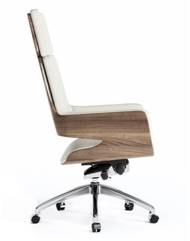 A modern executive office chair featuring a high back, integrated armrests, and a sculpted bentwood shell. The chair is upholstered in white material and stands on a five-star chrome base with casters. — 3D model