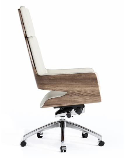 A modern executive office chair featuring a high back, integrated armrests, and a sculpted bentwood shell. The chair is upholstered in white material and stands on a five-star chrome base with casters. — 3D model