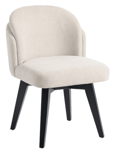 An upholstered dining chair featuring a rounded, high backrest that seamlessly integrates into armrests, providing a comfortable and enveloping seat. The chair is covered in a light cream or beige textured fabric. It rests on a four-legged base made of black-finished wood, with the legs splaying slightly outwards. The base includes a swivel mechanism. — 3D model
