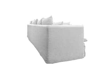 A large, modular sectional sofa with a chaise lounge extension. The sofa features a low-profile design with loose back cushions and bolster pillows on the arms. It is upholstered in a textured, light-colored fabric. — 3D model
