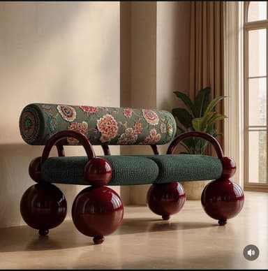 A distinctively designed two-seater loveseat, featuring a postmodern aesthetic. It comprises two rectangular seat cushions upholstered in an emerald green fabric with a subtle dotted texture. The supporting frame and legs are crafted from glossy, deep burgundy lacquered elements, including prominent spherical feet and curved tubular arms that extend to support a cylindrical bolster backrest. The bolster is upholstered in a rich, multi-colored floral pattern displaying hues of pink, red, blue, and green against a muted green ground. — 3D model