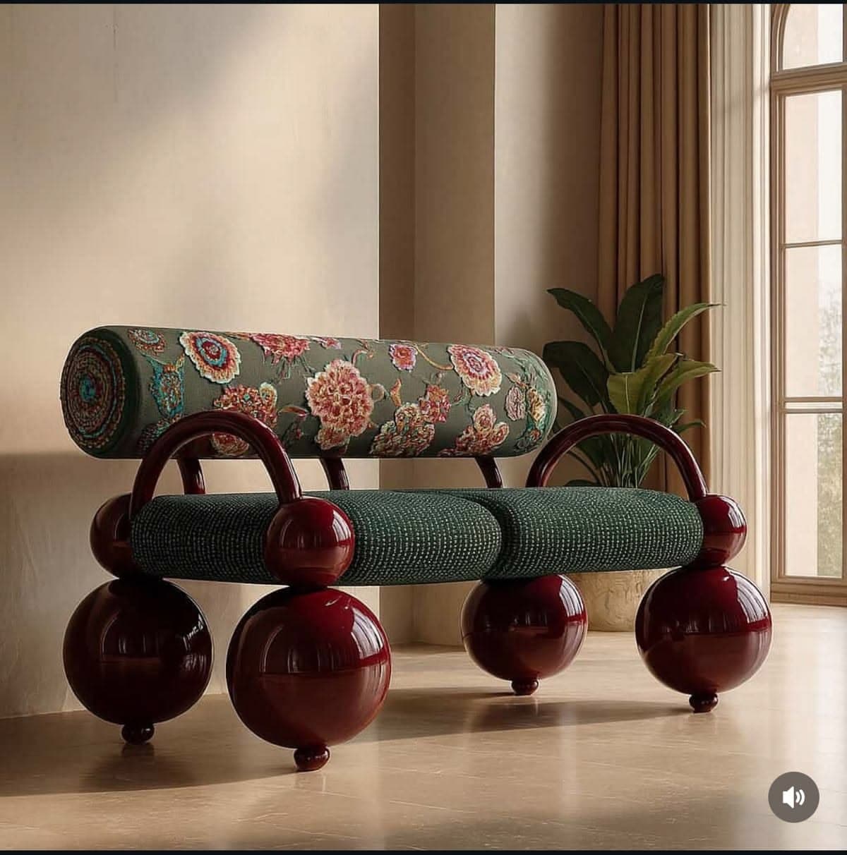 A distinctively designed two-seater loveseat, featuring a postmodern aesthetic. It comprises two rectangular seat cushions upholstered in an emerald green fabric with a subtle dotted texture. The supporting frame and legs are crafted from glossy, deep burgundy lacquered elements, including prominent spherical feet and curved tubular arms that extend to support a cylindrical bolster backrest. The bolster is upholstered in a rich, multi-colored floral pattern displaying hues of pink, red, blue, and green against a muted green ground. — 3D model