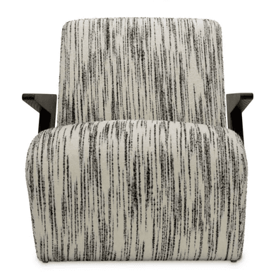 An armchair with a distinctively shaped frame and upholstery. The armchair features a high back and a seat that curves around the sides. The armrests are made of a dark, angular wooden frame that contrasts with the upholstered seat and back. The upholstery is a textured fabric with a pattern of irregular vertical black lines on a cream background. The base of the chair is not fully visible but appears to be integrated with the overall structure. — 3D model