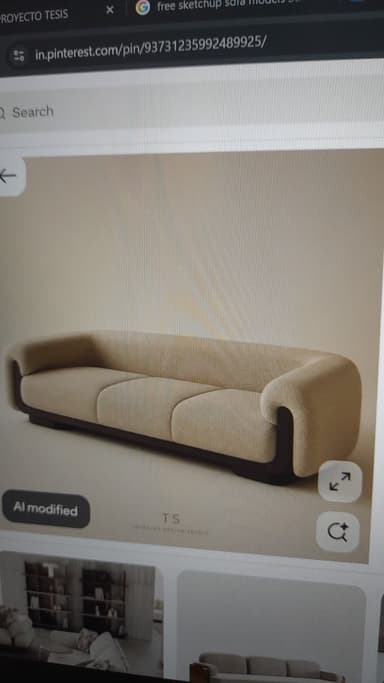 A contemporary three-seater sofa featuring a light beige fabric upholstery and distinctive dark wood elements. The sofa has a low profile with clean lines, rounded armrests, and individual seat cushions. The base and a cutout detail on the armrests are finished in a dark, possibly stained, wood. — 3D model