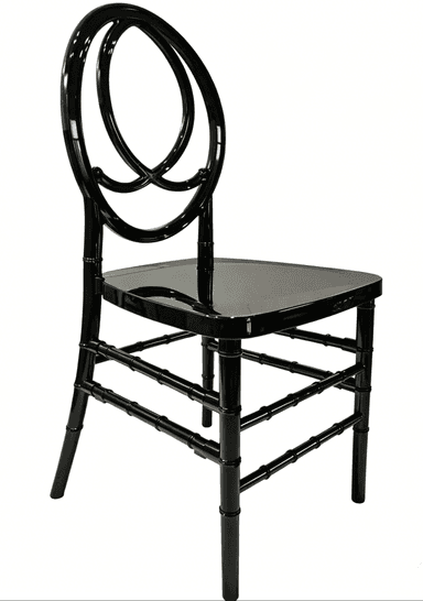 A glossy black Napoleon-style dining chair, featuring an ornate backrest with interlocking circular loops. The chair is armless, with slender legs and stretchers designed with a bamboo-like turned detail. The seat is a solid, flat black surface, complementing the high-sheen black lacquered finish of the entire frame. The design suggests a classic and elegant aesthetic, commonly found in formal event seating. — 3D model