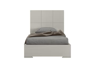 A contemporary single bed featuring a distinctive paneled headboard and a minimalist frame, all in a high-gloss light gray lacquer finish. The bed includes a footboard and integrated base legs. — 3D model