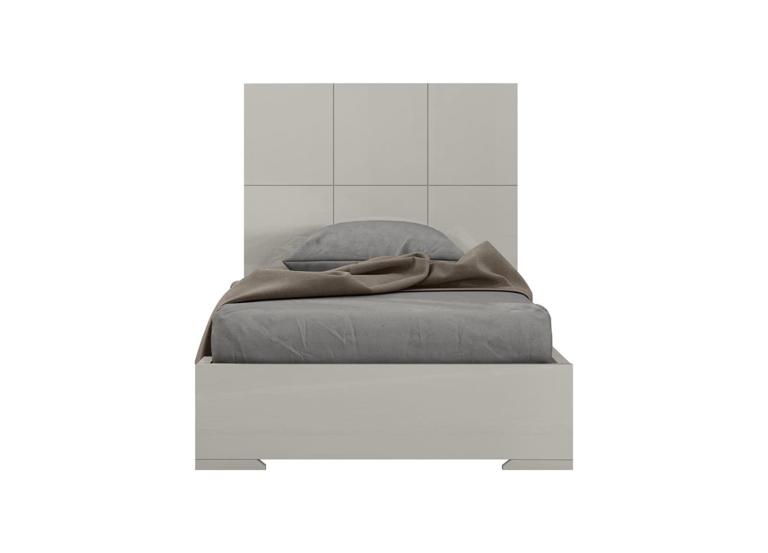 A contemporary single bed featuring a distinctive paneled headboard and a minimalist frame, all in a high-gloss light gray lacquer finish. The bed includes a footboard and integrated base legs. — 3D model