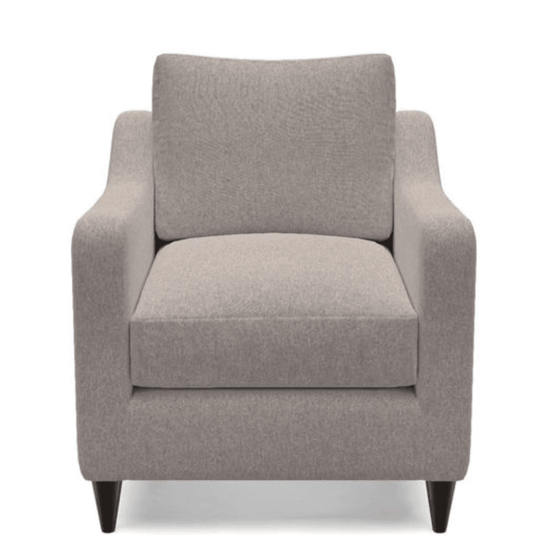A contemporary armchair with clean lines and a plush appearance. It features a high back cushion and a seat cushion, supported by four short, dark-toned legs. The arms are squared and integrated into the main frame. The upholstery appears to be a textured fabric. — 3D model