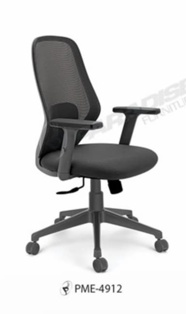 A modern ergonomic office chair featuring a breathable mesh back, padded fabric seat, adjustable T-armrests, and a five-star caster base. The chair is dark gray, indicating a contemporary and functional design. — 3D model