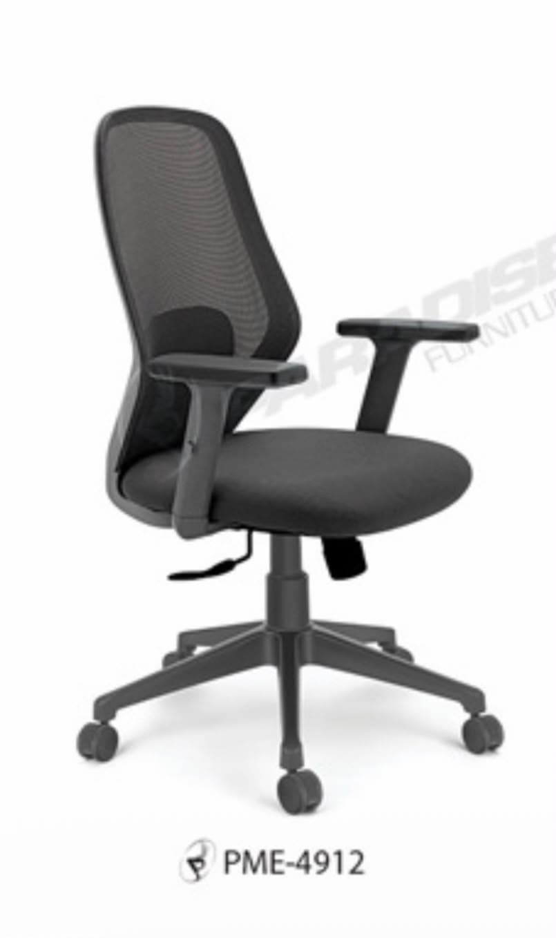 A modern ergonomic office chair featuring a breathable mesh back, padded fabric seat, adjustable T-armrests, and a five-star caster base. The chair is dark gray, indicating a contemporary and functional design. — 3D model