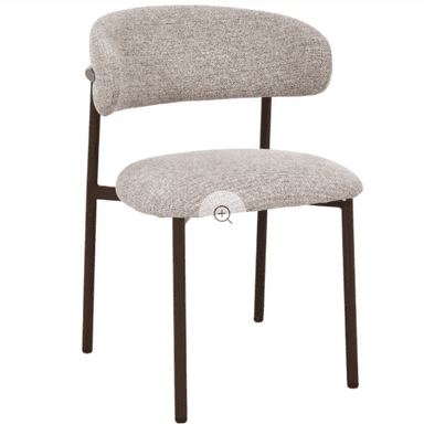 An armless modern dining chair featuring a light gray textured fabric upholstery for both the seat and a distinct, rounded backrest. The seating components are supported by a slender, dark brown metal frame with four straight legs. — 3D model
