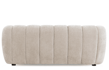 A long, rectangular upholstered ottoman featuring vertical channel tufting across its entire surface. The piece has soft, rounded ends and is covered in a light, neutral-toned fabric, possibly a linen or boucle. It rests on very low-profile, inconspicuous feet. — 3D model