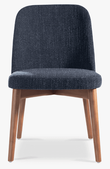 A modern dining chair with a curved backrest and upholstered seat and back. The chair has a wooden frame with four tapered legs. — 3D model