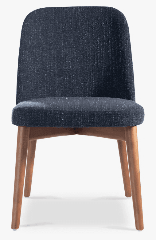 A modern dining chair with a curved backrest and upholstered seat and back. The chair has a wooden frame with four tapered legs. — 3D model