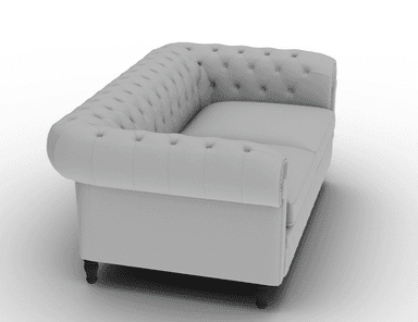 A grey Chesterfield-style loveseat sofa featuring deep button tufting on the backrest, rolled arms, and front apron. It has two separate seat cushions and is supported by short, dark, turned wooden feet. — 3D model