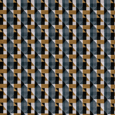 An upholstered barrel-shaped armchair featuring a complex geometric pattern on the inner backrest, a textured grid-patterned fabric on the outer back and arms, a solid dark teal seat and base, and a decorative fringe trim around the bottom. — 3D model