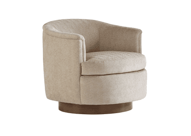 A swivel armchair with a rounded back and arms, upholstered in a textured fabric. The base is a circular wooden plinth. — 3D model