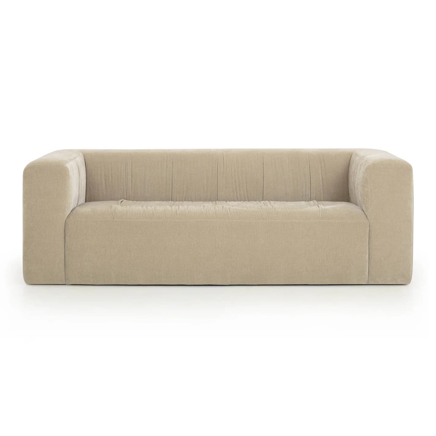 A beige upholstered sofa with a low-profile, boxy silhouette, featuring vertical channel tufting on the backrest and wide, integrated block arms. — 3D model