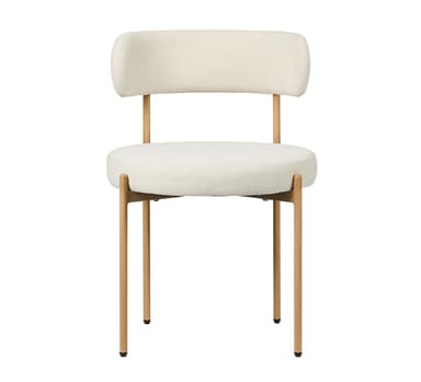 A contemporary accent chair featuring a boucle upholstered seat and backrest, supported by slender, light-colored wooden legs. The chair has a minimalist design with a gently curved back and a round seat, embodying a soft, inviting aesthetic. The contrasting textures of the plush boucle fabric and the smooth wood create visual interest. Its slender profile and neutral color palette make it a versatile addition to various interior settings. — 3D model