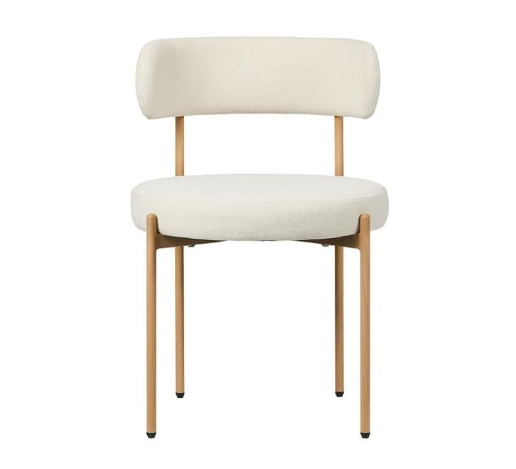 A contemporary accent chair featuring a boucle upholstered seat and backrest, supported by slender, light-colored wooden legs. The chair has a minimalist design with a gently curved back and a round seat, embodying a soft, inviting aesthetic. The contrasting textures of the plush boucle fabric and the smooth wood create visual interest. Its slender profile and neutral color palette make it a versatile addition to various interior settings. — 3D model
