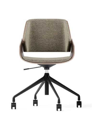 A modern office chair with a curved, molded shell featuring a wood veneer exterior and upholstered seat and backrest. It has a five-star base with casters and a gas lift mechanism for height adjustment. — 3D model