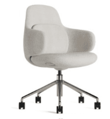 A contemporary upholstered office chair featuring a sleek, organic form factor and a five-star swivel base with casters. The chair is covered in an off-white bouclé fabric, providing a textured and soft appearance. Its design includes integrated armrests and a subtle lumbar support curvature, mounted on a polished metal base. — 3D model