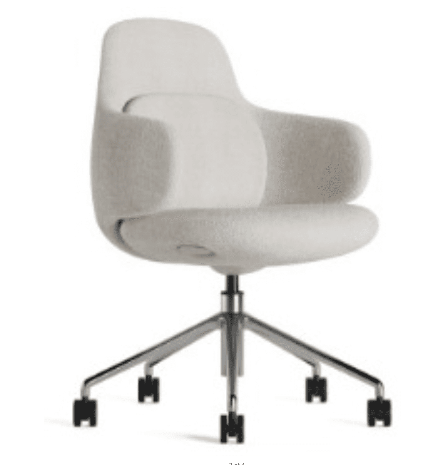 A contemporary upholstered office chair featuring a sleek, organic form factor and a five-star swivel base with casters. The chair is covered in an off-white bouclé fabric, providing a textured and soft appearance. Its design includes integrated armrests and a subtle lumbar support curvature, mounted on a polished metal base. — 3D model