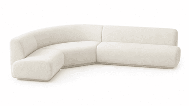 A contemporary curved modular sectional sofa upholstered in a light, textured fabric, likely boucle or similar. The sofa features a low-profile design with rounded edges and soft, plush forms. It consists of multiple independent modules that can be arranged to create various seating configurations, forming an L-shape in the depicted image. The base is subtly recessed, giving the sofa a floating appearance. — 3D model