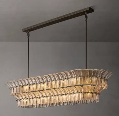 A sophisticated rectangular chandelier featuring multiple layers of textured, clear glass panels suspended within a black metal frame. The panels are arranged horizontally, creating a diffuse, warm glow from the internal light sources. The fixture is suspended by two thin rods from a rectangular black canopy, suggesting a modern or transitional aesthetic. — 3D model