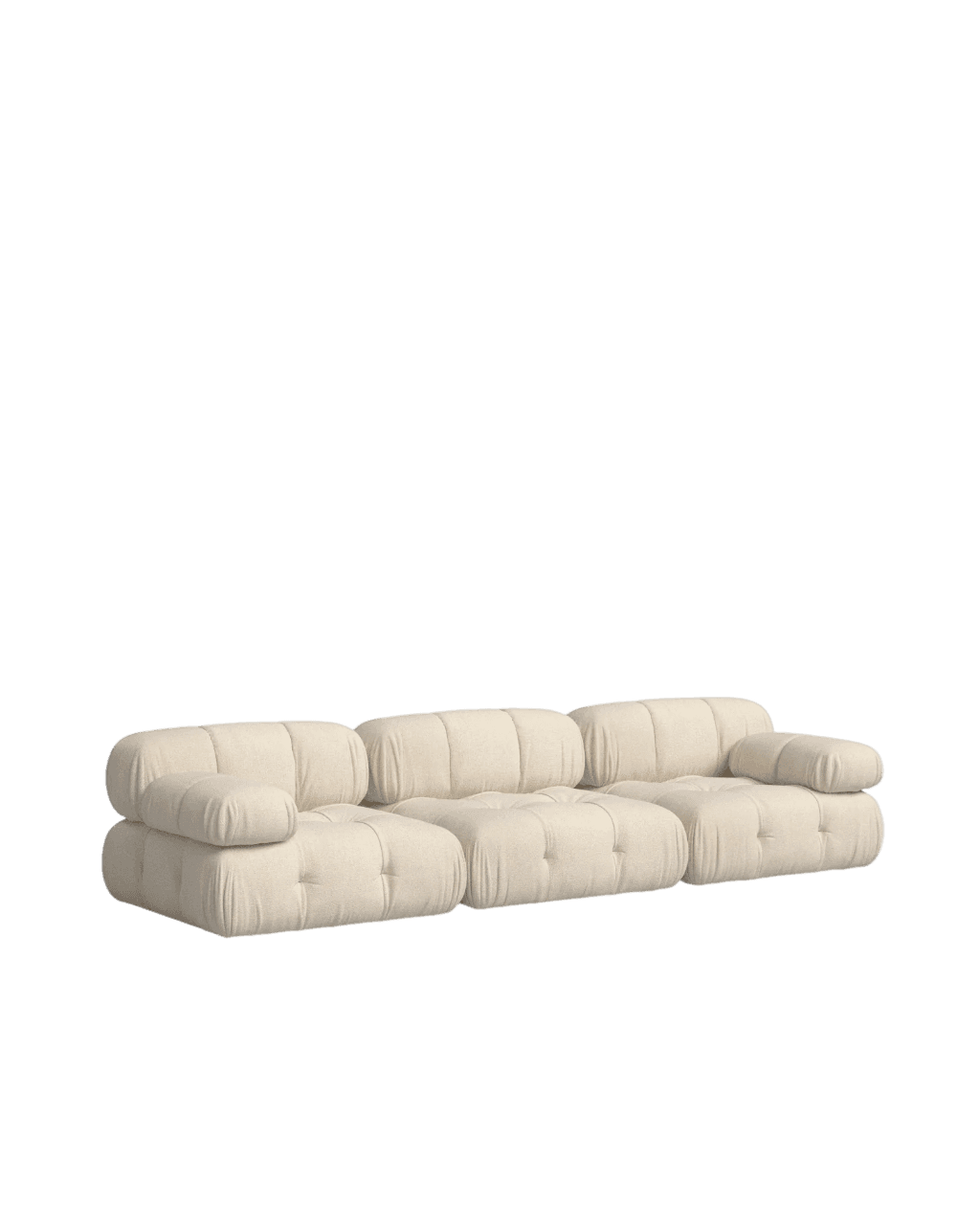 A low-profile, modular sofa with a cream-colored fabric upholstery. The sofa features a distinctive tufted seat and back cushions, with rounded armrests and backrests. The modular design is evident in the separate cushion units forming the seating area. The overall aesthetic suggests a contemporary or retro-modern style. — 3D model